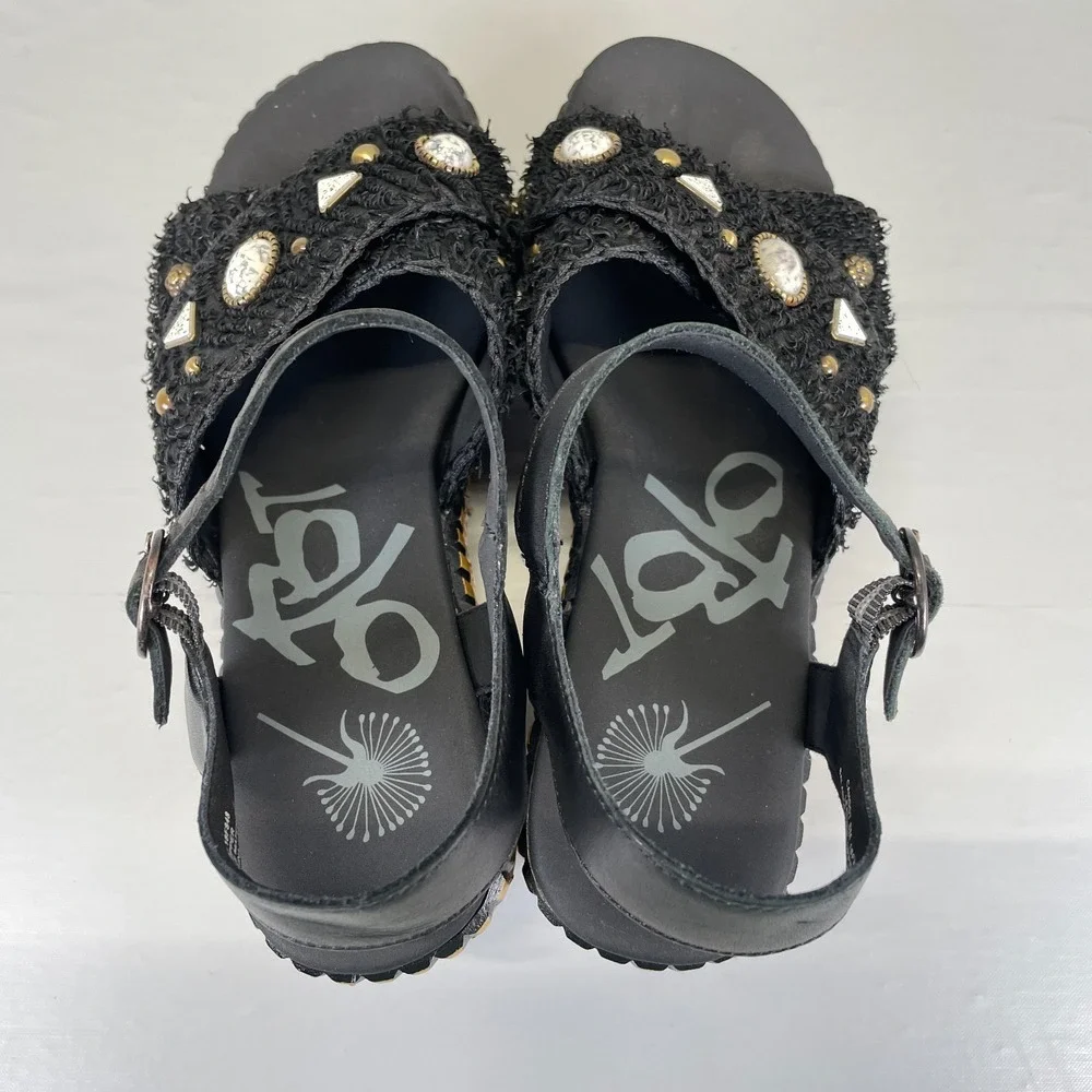 OTBT Cahoot Wedge Sandals Womens Size 8 M Black Leather Raffia Beaded Platform